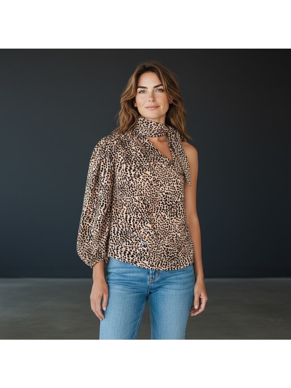 Ulla Johnson Animal Print One Shoulder Blouse Puff Sleeve Neck Tie Top Small
